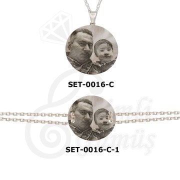 Gümüş Yuvarlak Plaka Resimli Kolye Bileklik Set