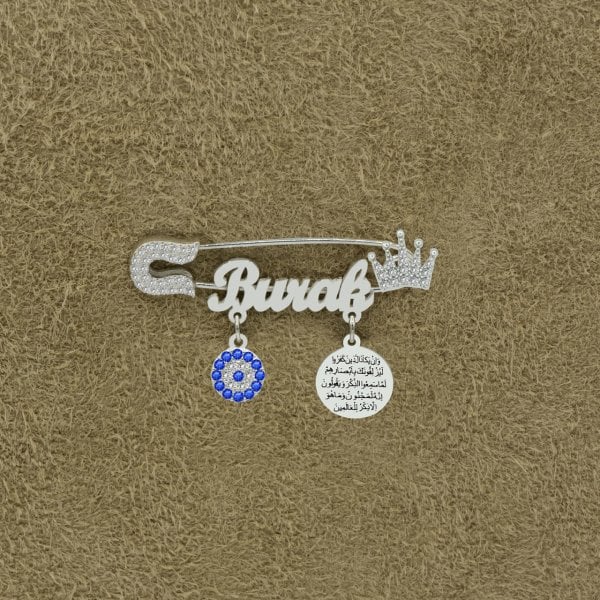 Gümüş Taçlı Nazar Dualı İsimli Bebek Çatal İğne