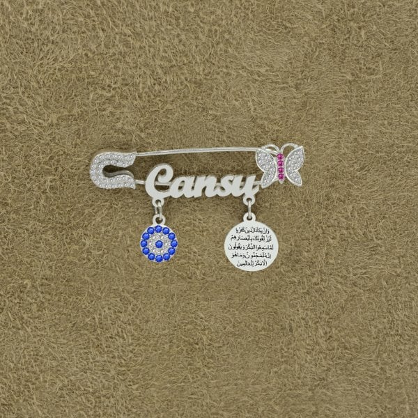 Gümüş Kelebekli Nazar Dualı Çocuk İsimli Çatal İğne