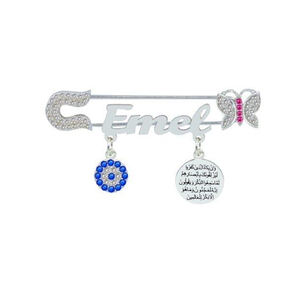 Gümüş Kelebekli Nazar Dualı Çocuk İsimli Çatal İğne