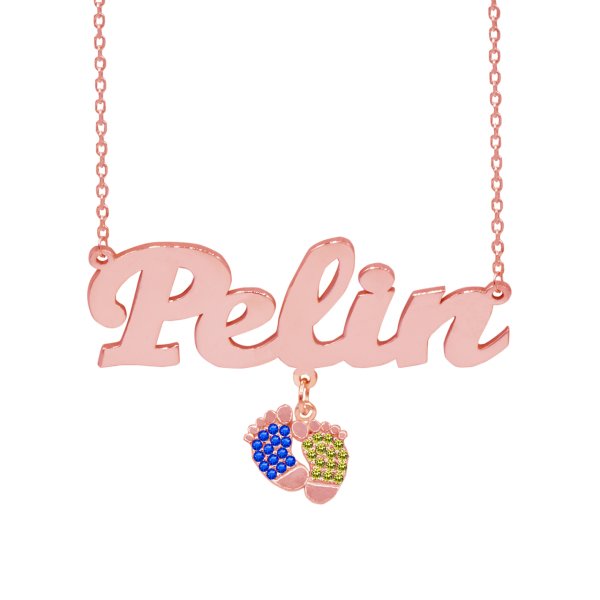 Gümüş Sarı Lacivert Renkli Patik Sallantılı İsimli Kolye