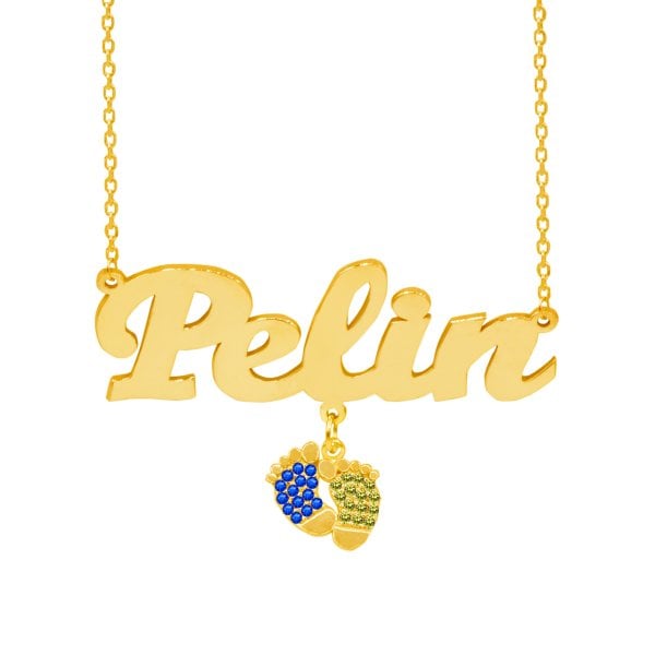 Gümüş Sarı Lacivert Renkli Patik Sallantılı İsimli Kolye