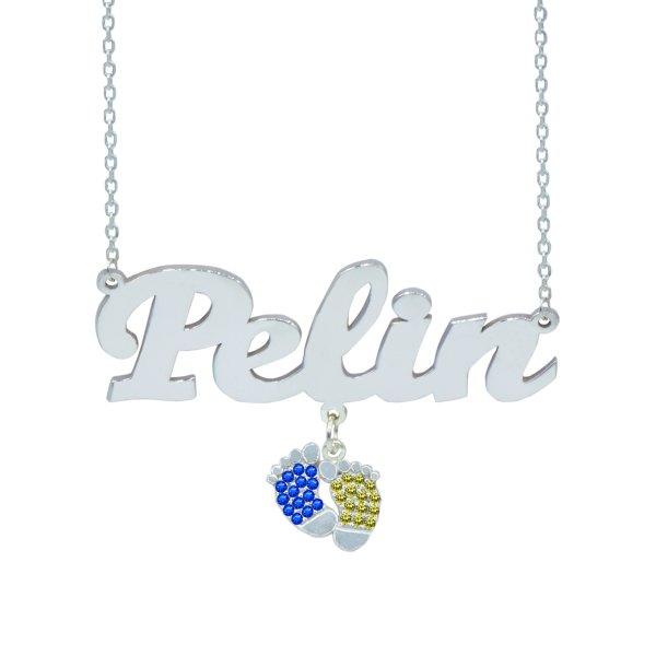 Gümüş Sarı Lacivert Renkli Patik Sallantılı İsimli Kolye