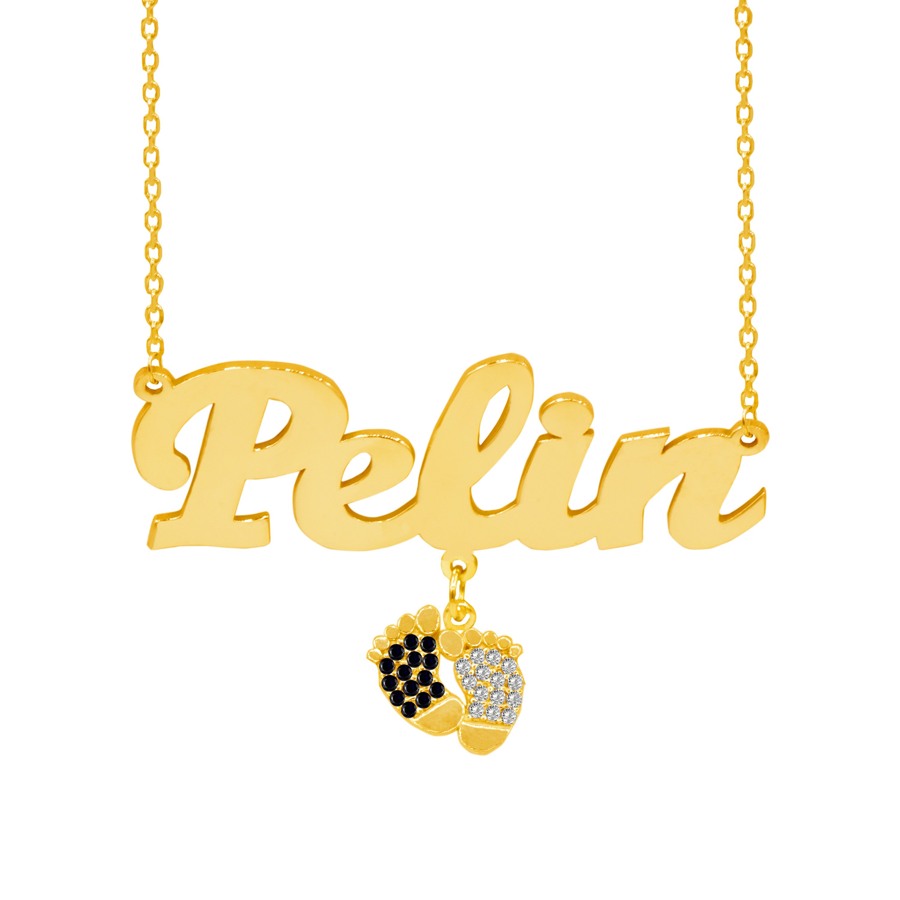 Gümüş Siyah Beyaz Renkli Patik Sallantılı İsimli Kolye