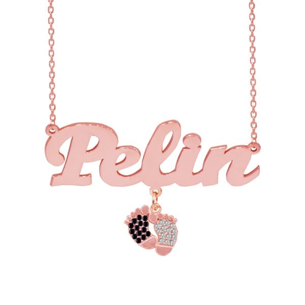 Gümüş Siyah Beyaz Renkli Patik Sallantılı İsimli Kolye