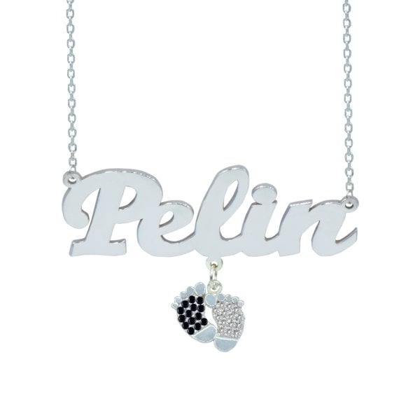Gümüş Siyah Beyaz Renkli Patik Sallantılı İsimli Kolye