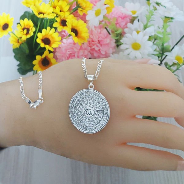 Gümüş Yuvarlak Plaka Esmaül Hüsna İsimli Kolye