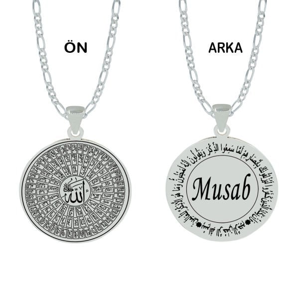Gümüş Yuvarlak Plaka Esmaül Hüsna İsimli Kolye