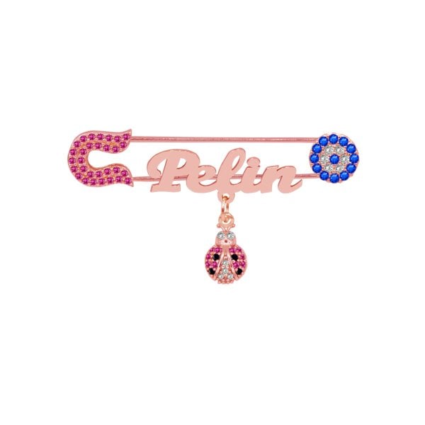 Gümüş Uğur Böcekli İsimli Bebek Yaka İğnesi