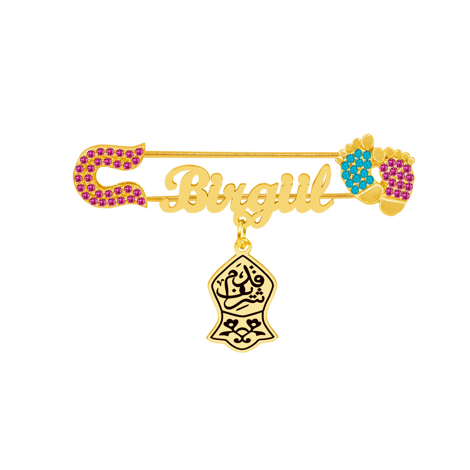 Gümüş Bordo Mavi Patikli İsimli Bebek İğnesi