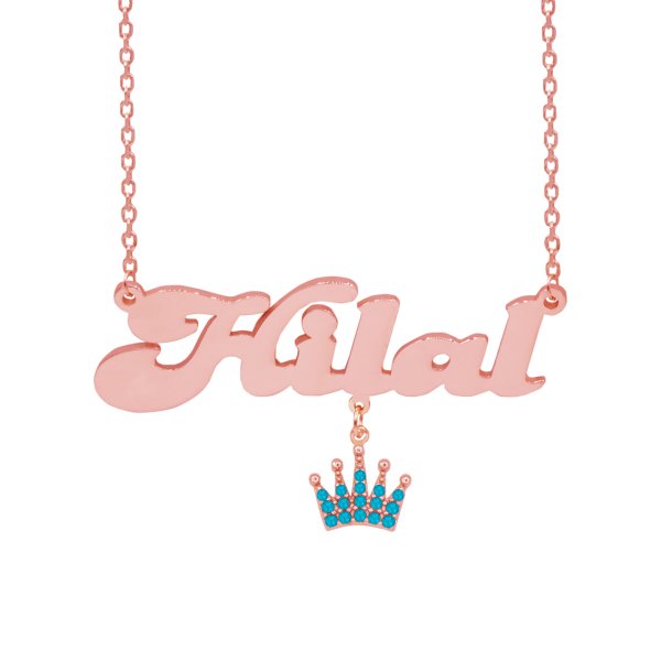 Gümüş Turkuaz Renk Taç Sallantılı İsimli Kolye