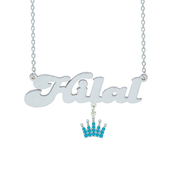Gümüş Turkuaz Renk Taç Sallantılı İsimli Kolye