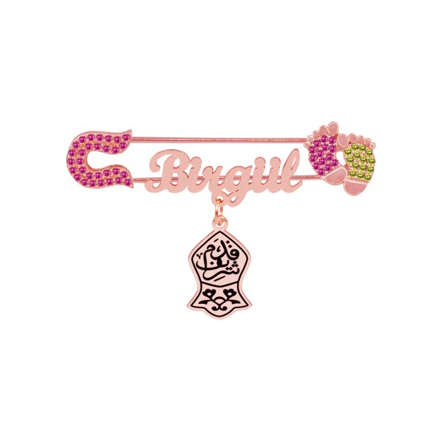 Gümüş Sarı Kırmızı Patikli İsimli Bebek İğnesi