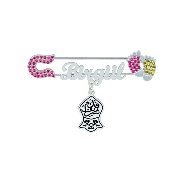 Gümüş Sarı Kırmızı Patikli İsimli Bebek İğnesi