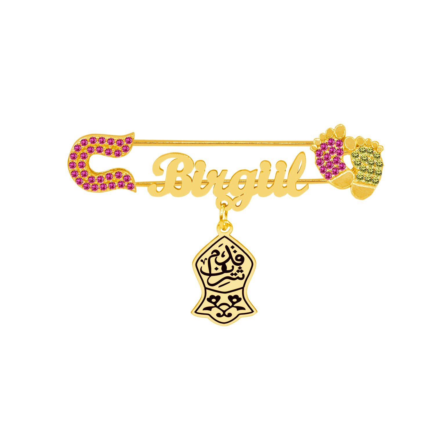 Gümüş Sarı Kırmızı Patikli İsimli Bebek İğnesi