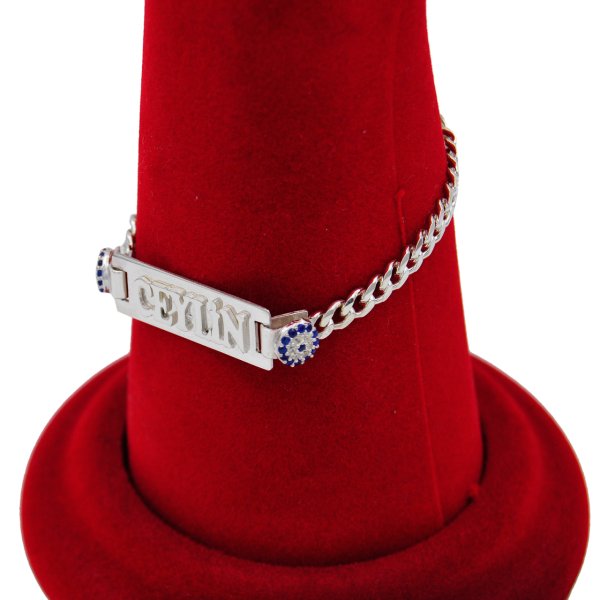 Gümüş Özel Tasarım Nazarlı Plakalı İsimli Bileklik