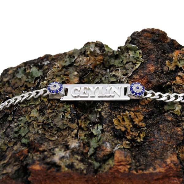 Gümüş Özel Tasarım Nazarlı Plakalı İsimli Bileklik