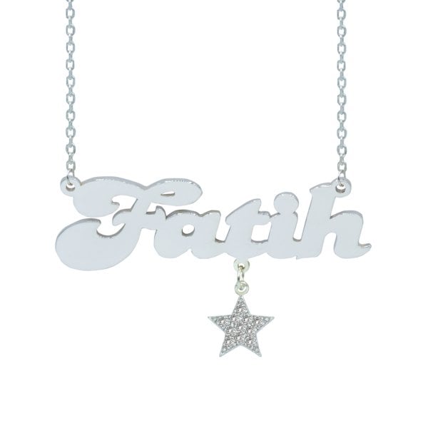 Gümüş Beyaz Taşlı Yıldız Sallantılı İsimli Kolye