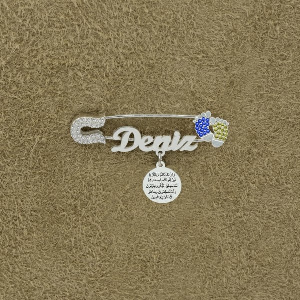 Gümüş Sarı Lacivert Patikli İsimli Bebek İğnesi