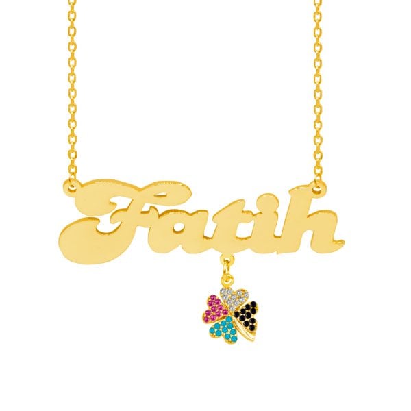 Gümüş Kalpli Yonca Sallantılı İsimli Kolye