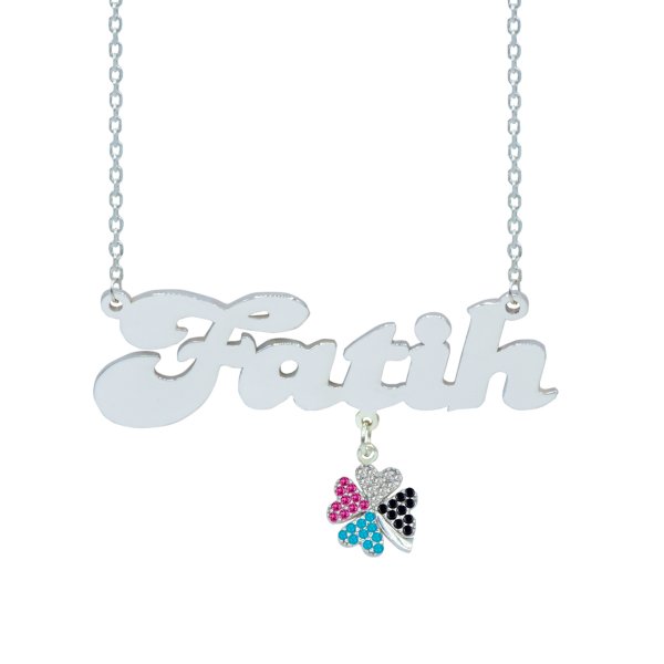 Gümüş Kalpli Yonca Sallantılı İsimli Kolye