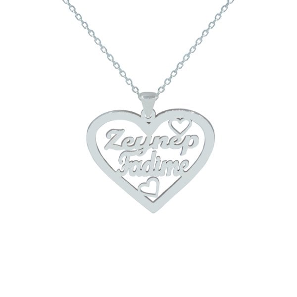 Gümüş Özel Tasarım Kalpli İki İsimli Kolye