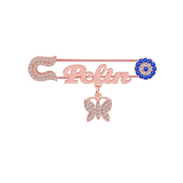 Gümüş Nazarlı Kelebekli İsimli Bebek İğnesi
