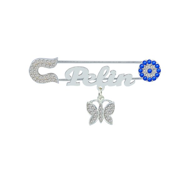 Gümüş Nazarlı Kelebekli İsimli Bebek İğnesi