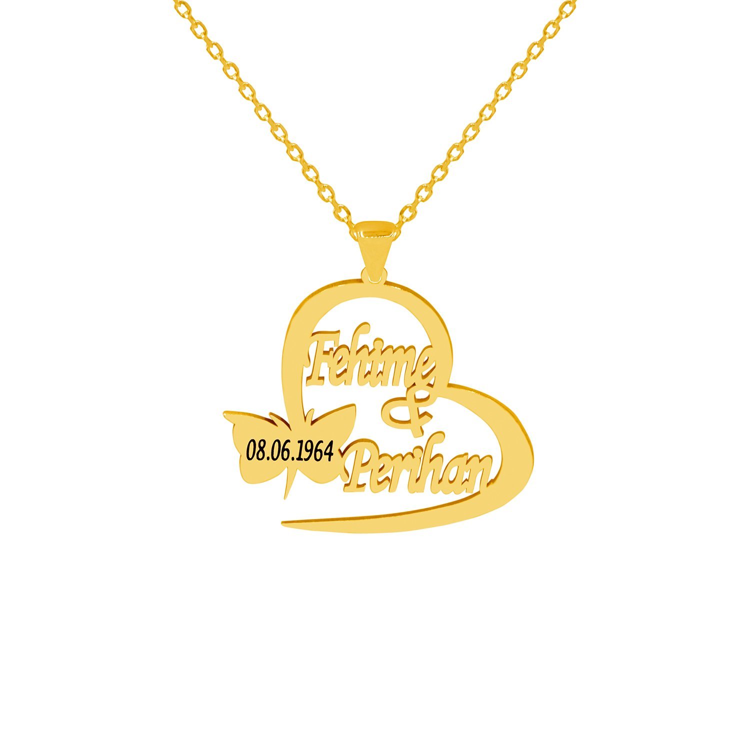 Gümüş Özel Tasarım Kalpli Kelebekli İsimli Kolye