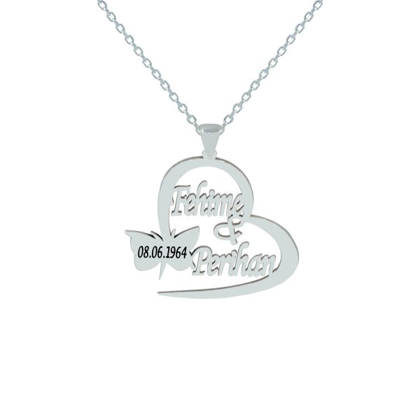 Gümüş Özel Tasarım Kalpli Kelebekli İsimli Kolye