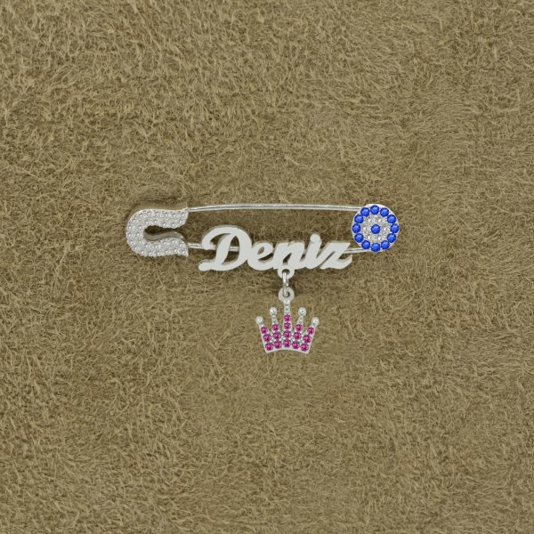 Gümüş Nazarlık Taçlı İsimli Bebek İğnesi