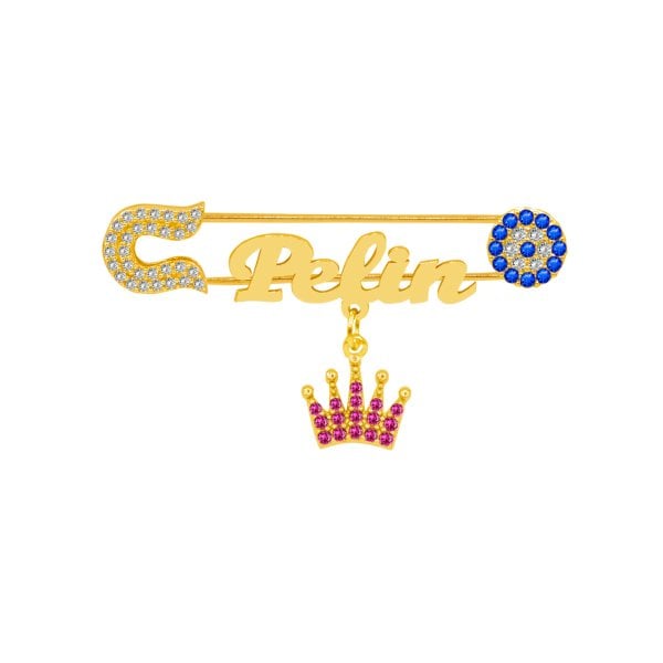 Gümüş Nazarlık Taçlı İsimli Bebek İğnesi