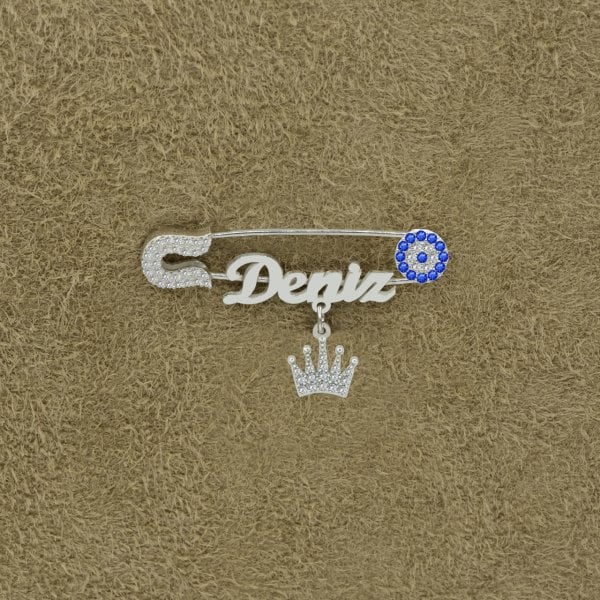 Gümüş Nazar Boncuklu İsimli Bebek Yaka İğnesi