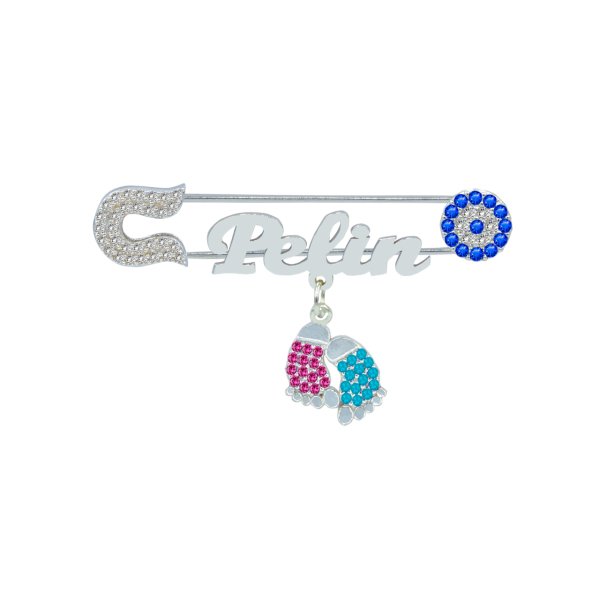 Gümüş Bordo Mavi Patikli İsimli Bebek İğnesi