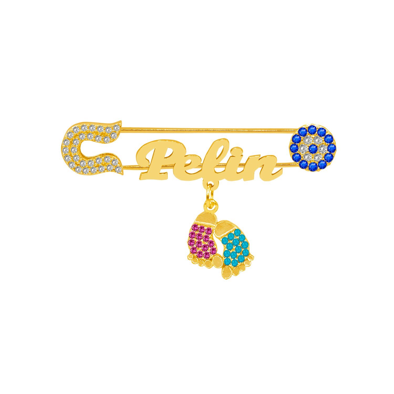 Gümüş Bordo Mavi Patikli İsimli Bebek İğnesi