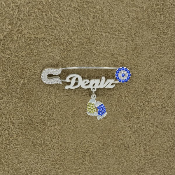 Gümüş Sarı Lacivert Patikli İsimli Bebek İğnesi