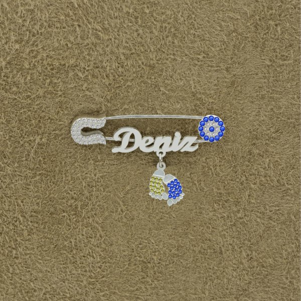 Gümüş Sarı Lacivert Patikli İsimli Bebek İğnesi