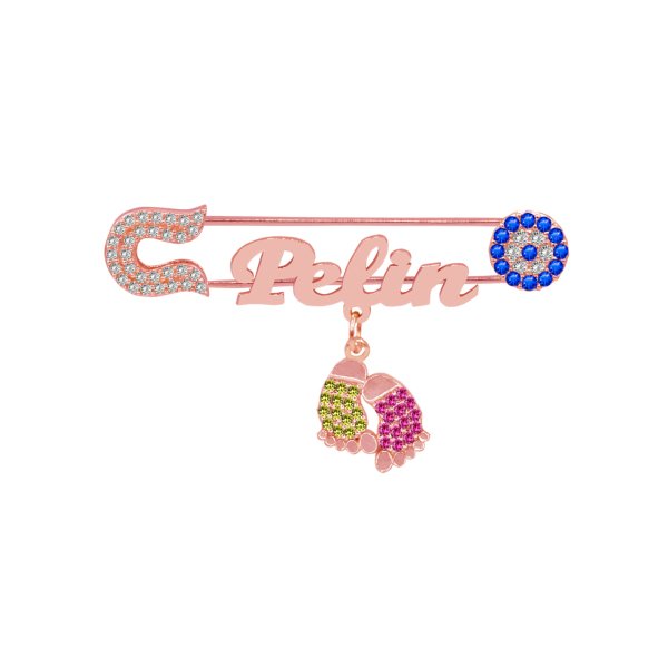 Gümüş Sarı Kırmızı Patikli İsimli Bebek İğnesi