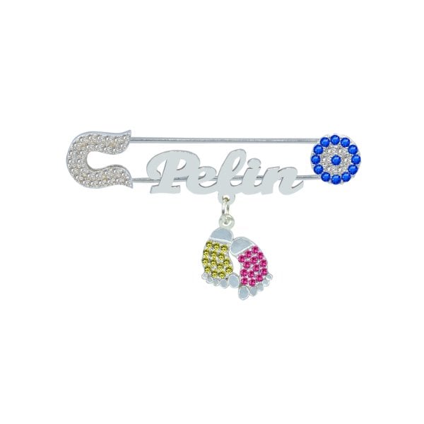 Gümüş Sarı Kırmızı Patikli İsimli Bebek İğnesi