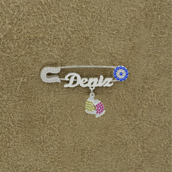 Gümüş Sarı Kırmızı Patikli İsimli Bebek İğnesi