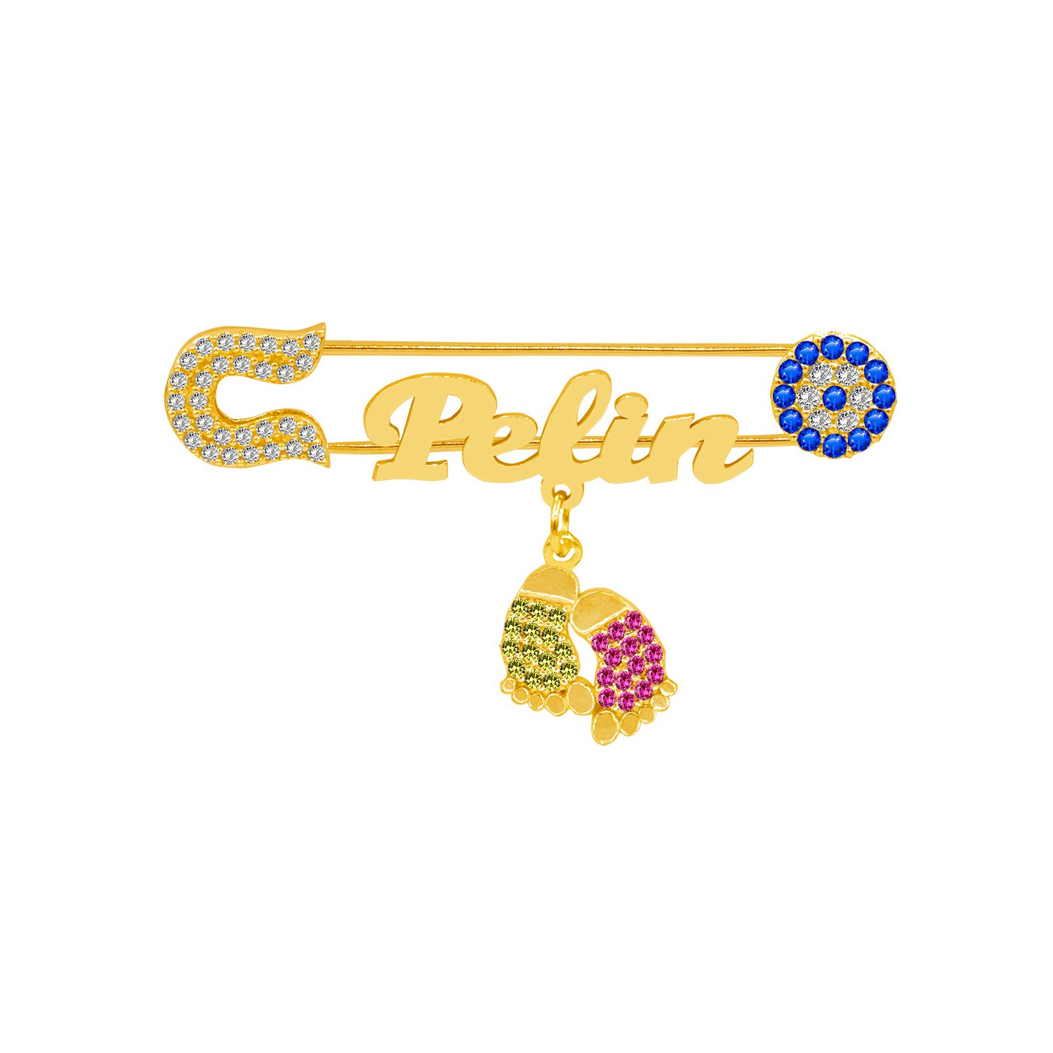 Gümüş Sarı Kırmızı Patikli İsimli Bebek İğnesi