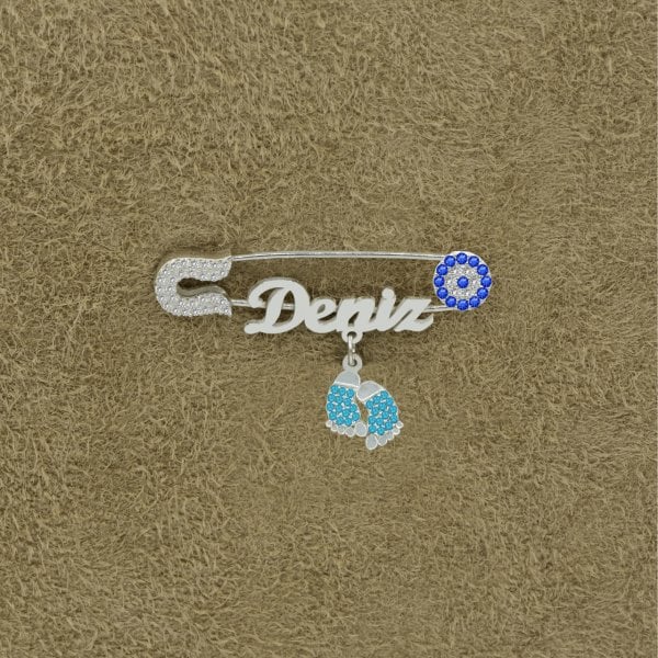 Gümüş Nazar Boncuklu İsimli Bebek Yaka İğnesi