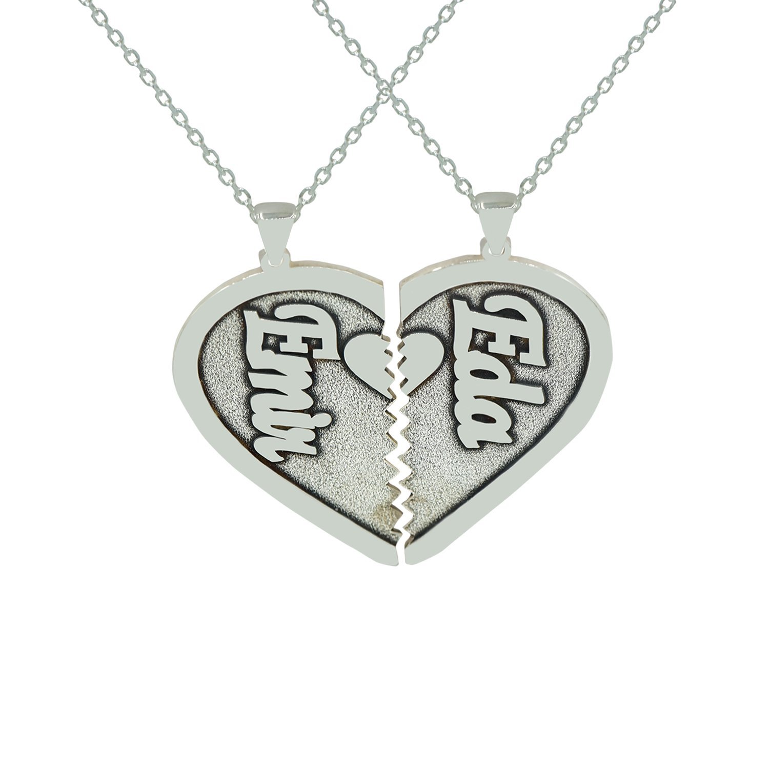 Gümüş Plakalı İkiye Bölünen Kalpli İsimli Kolye