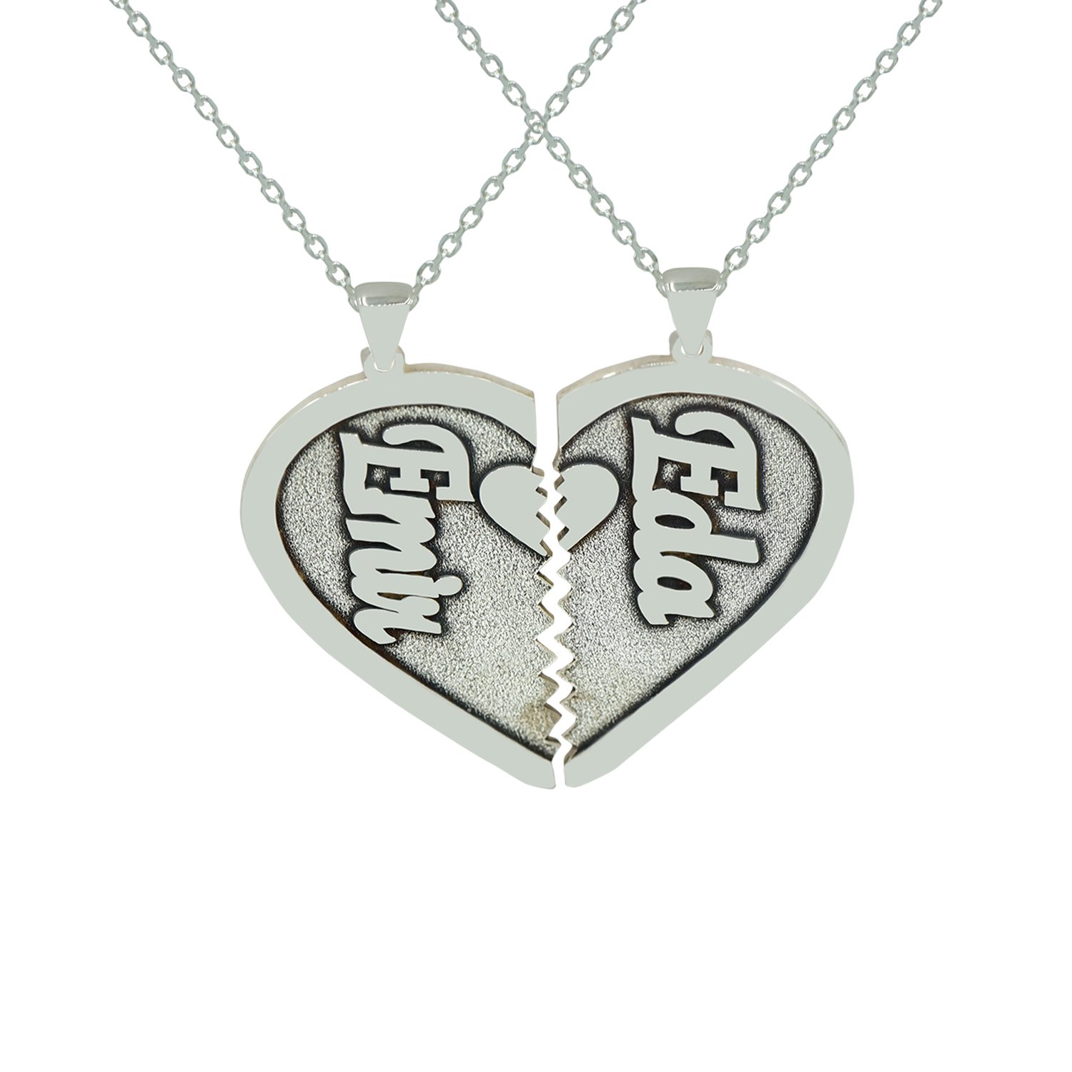 Gümüş Plakalı İkiye Bölünen Kalpli İsimli Kolye