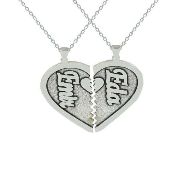 Gümüş Plakalı İkiye Bölünen Kalpli İsimli Kolye