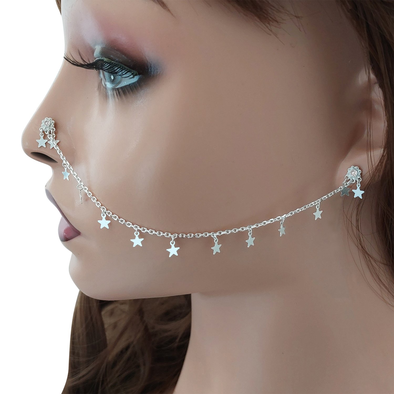 Gümüş Burundan Kulağa Beyaz Taşlı Hızma