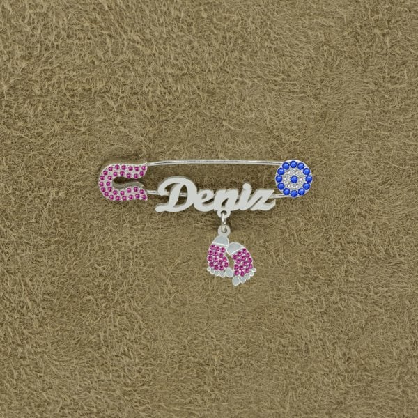 Gümüş Nazar Boncuklu İsimli Bebek Çatal İğnesi