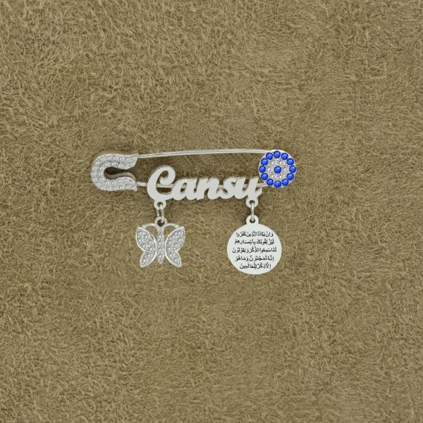 Gümüş Kelebekli Nazarlı İsimli Bebek İğnesi
