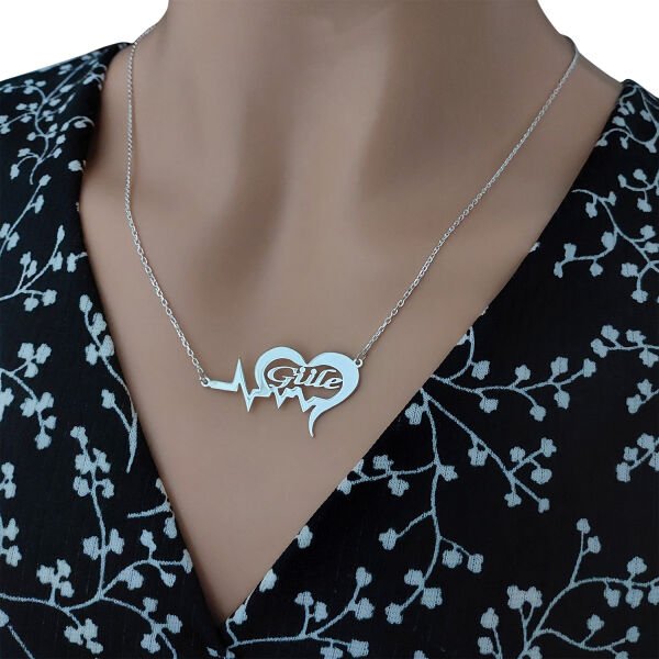 Gümüş Özel Tasarım Kalp Ritimli İsimli Kolye