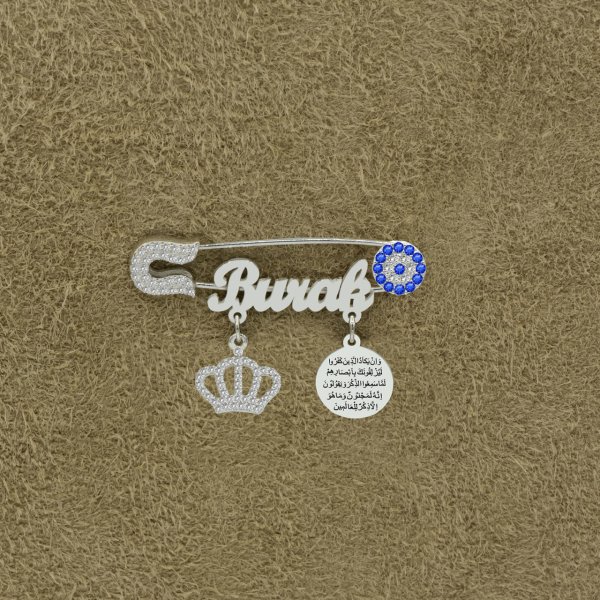 Gümüş Nazar Dualı Taçlı İsimli Bebek İğnesi
